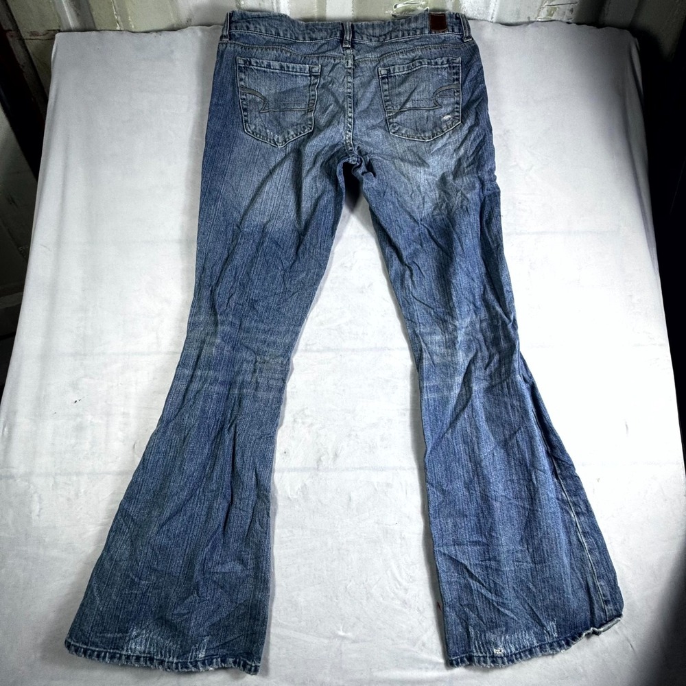American Eagle Outfitters Real Flare Jeans Womens 12 Long Blue Denim Distressed